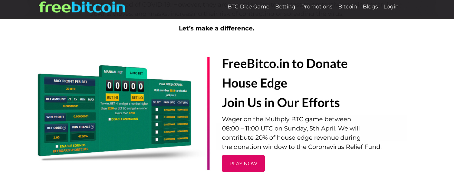 Freebitco.in Gaming Site Launches Covid-19 Relief Fund - Donating 20% House Edge to Healthcare Efforts