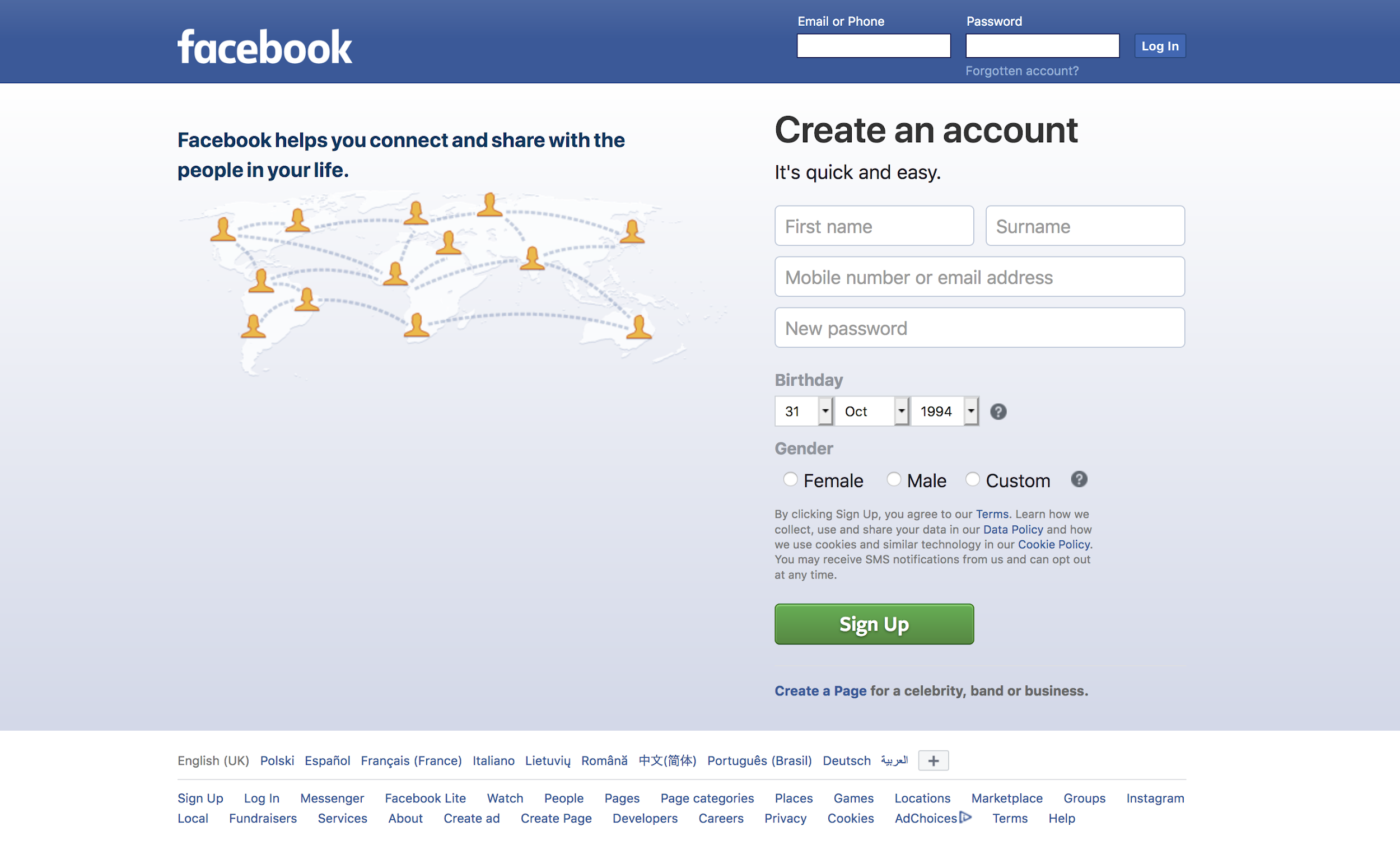 Cross-cultural user interface design Facebook in English