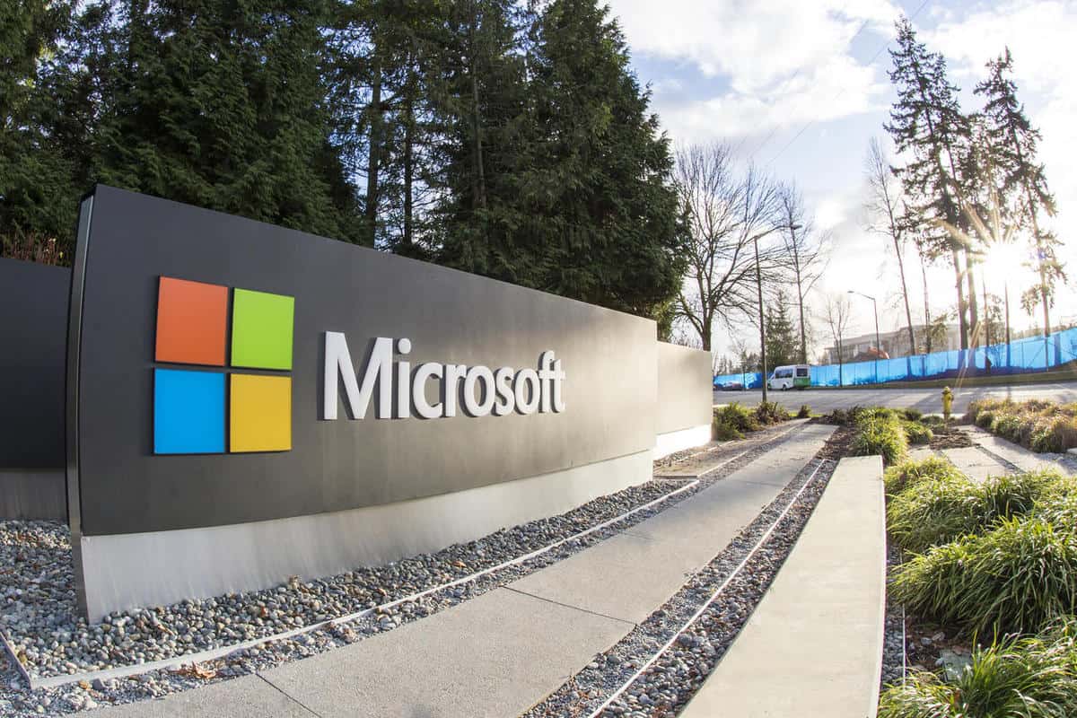 Microsoft sign at the entrance of their corporate headquarters in Redmond